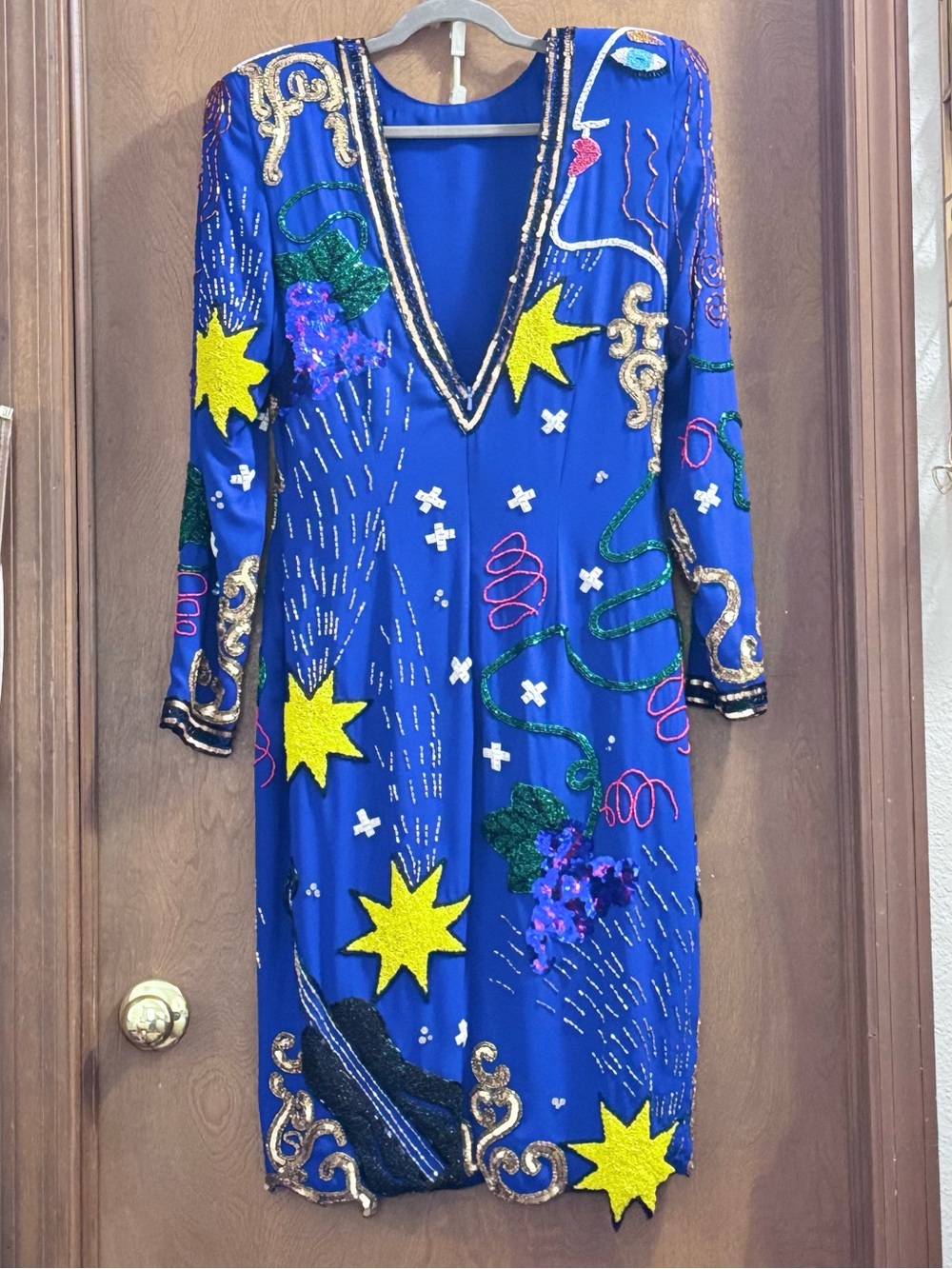 Vintage Ornate Pop Art Embellished Royal Blue Dress w/Beaded Appliqués - Picture 2 of 16